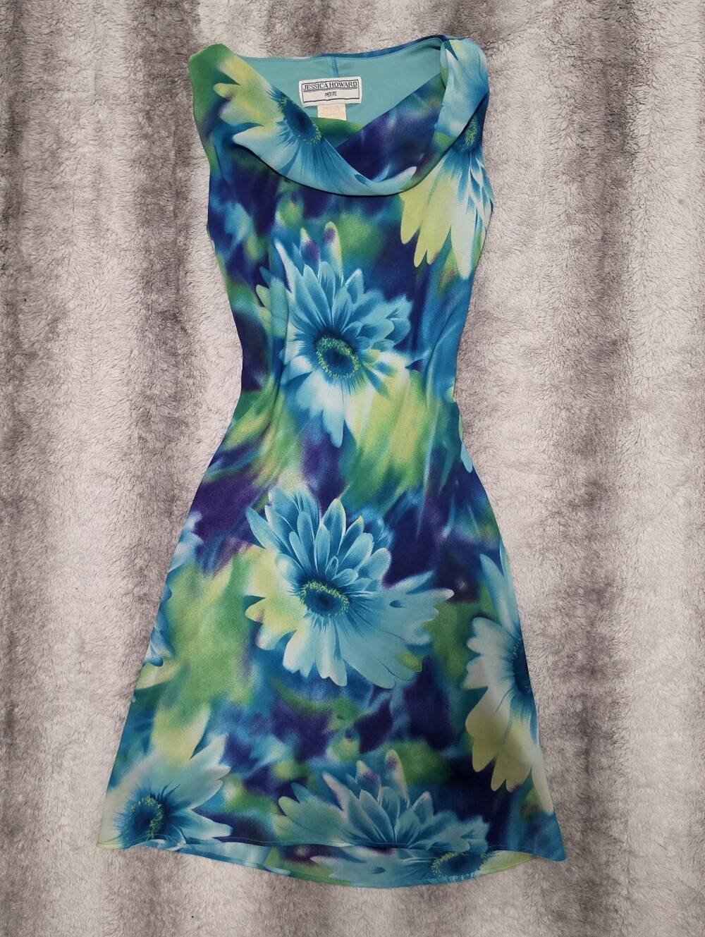 Vintage 90s Fitted Green Blue Digital Floral Frutiger Aero Cyber Dress Size 4